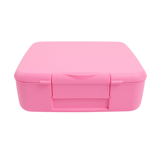 Pink lunch box with 'Montii' branding on a white background