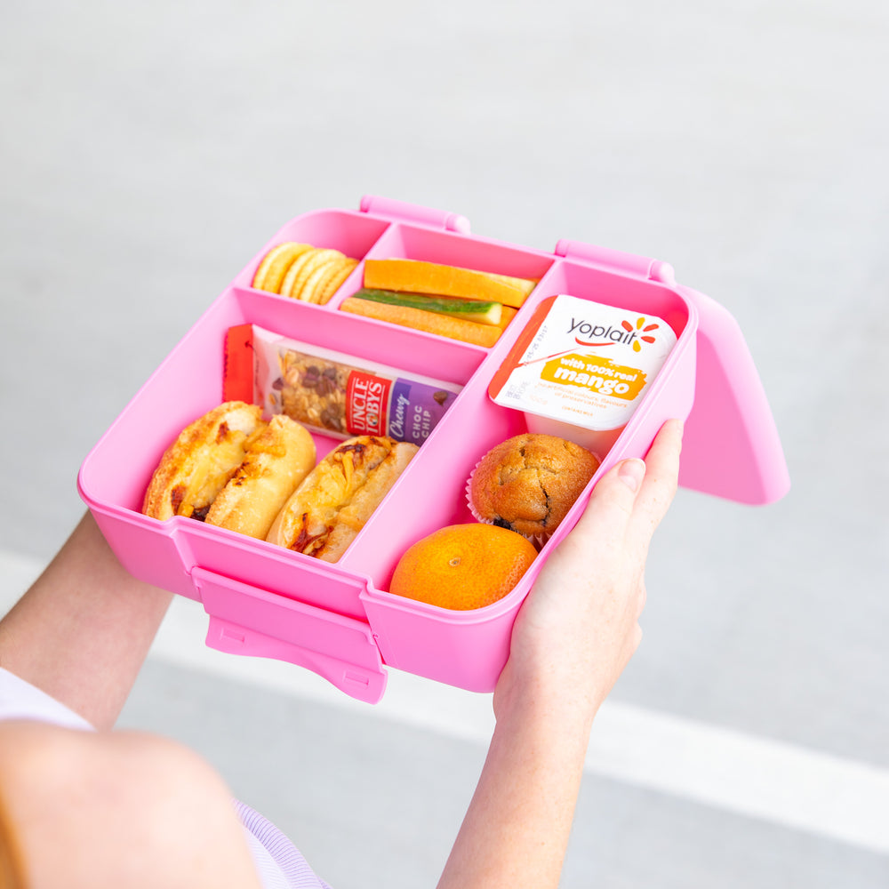 Pink bento box with snacks held by a person against a light gray background